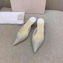 Slippers 2024 Spring Summer Casual Kitten Heels Rhinestone Decor Pointed Toe Shoes For Women Slip-On Concise Size 35-40