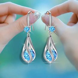 Dangle Chandelier Wholesale shining 925 Sterling silver blue Crystal earrings for women luxury fashion Jewellery party wedding gifts H240504