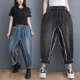 Women's Jeans 2024 Arrival Spring Women Casual Cotton Denim Patchwork Ankle-length Pants Elastic Waist Loose Harem S47