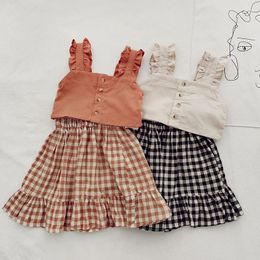 Clothing Sets Summer Sweet Girls Suits 2024 Korean Fashion Solid Single Breasted Vest Ruffles Plaid Elastic Waist Skirt Children's 2-6Y