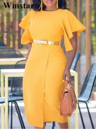 Party Dresses Wmstar Women Dress Summer Elegant OL Slim Pencil African Fashion Solid Colour Round Neck Ruffle Short Sleeve Belt Female