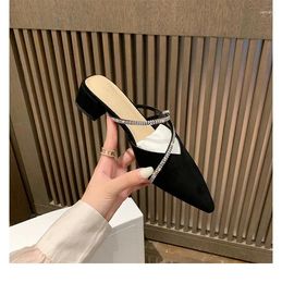 Slippers French Elegant Pointed Sandals With Diamond Straps A Thick Heel Half Slipper For Women Mueller To Wear On The Outside