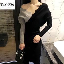 Casual Dresses 2024 Winter Women Sweater V-Neck Patchwork Batwing Sleeve Bandage Knitted Dress Vintage Party Bodycon Pencil Midi