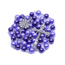 8mm Colorful Round Pearl Beads Necklace Catholic Christ Rosary Pendant Make Girls Beauty For Gift Necklaces8286075
