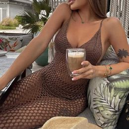 Basic Casual Dresses Yiiciovy Sexy Women Knitted Beach Bikini Cover Ups Crochet V-neck Backless Dress Bikini Swimsuit Bathing Suit Summer Beachwear T240505