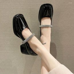 Dress Shoes Black For Women With Medium Heels Japanese Style Lolita Square Toe Normal Leather Casual Mary Jane Rhinestone Gothic 39 E