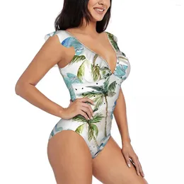 Women's Swimwear Sexy One Piece Swimsuit Push Up Palm Tree Geometric 80s 90s Style Women Ruffle Monokini Bodysuit Bathing Suit