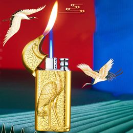 Red-Crowned Crane Double Fire Lighter Metal Relief Butane Lighter Without Gas Refill