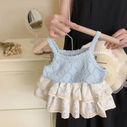 Fashion Kids Clothes Girls Sweet French Cute Knit Camisole Vest Lace Shorts Skirt 2 Piece Set Toddler Girl Boutique Set Summer 240426