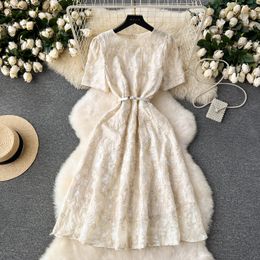 Women Basic Casual Dresses 2024 Summer Runway Flower Embroidery Evening Prom Sequins Lace Dress Women Short Sleeve Casual Belt Party Midi Vestidos