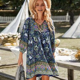 Casual Dresses Summer Short Dress Bohemian Style Floral Print V Neck Mini With Drawstring Patchwork Details For Vacation Beach