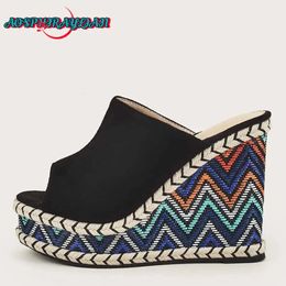 AOSPHIRAYLIAN 2023 Womens Bohemia Straw Wedges Sandals Leisure Espadrille Black Comfy Walk Summer Platform High Heels Shoes 240425