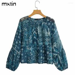 Women's Blouses Shirt Spring Print Vintage O Neck Long Sleeve Loose Office Lady Female Shirts Korean Clothes Top Mujer