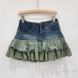 Skirts Summer Girl American Style High Waist A- Line Slimming Denim Skirt Cake Pettiskirt Pleated Flounced For Ladies