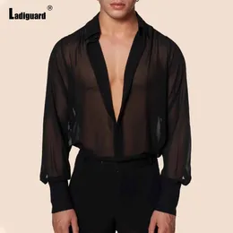 Men's Casual Shirts Sexy Transparent Blouse See-through Shirt Men Long Sleeves Top Black Soft Elegant Blusas Oversize Mens Clothing 2024