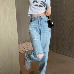 Women's Jeans Ripped For Women 2024 Fashion Blue High Waisted Streetwear Contrast Colour Straight Full Length Y2k Pants