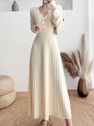 Casual Dresses White Knitted Dress Women Korean Fashion V Neck Sweater Female Autumn Winter Vintage Sweet Long Sleeve