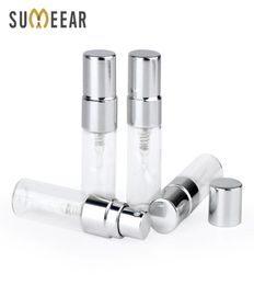 100PCLot 3ml Portable Sample Spray Bottle Transparet Glass Perfume Bottle Atomizer Silver Metal Pump Travel Bottle Container 20108602433