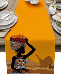 Table Cloth African Women Yellow Forest Silhouette Linen Runners Dresser Scarves Decor Farmhouse Holiday Party Decorations