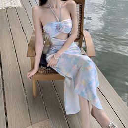 Casual Dresses Sanya Travel Wear Matching Po Clothes French Romantic Halter Cut-out Long Dress Sexy Slim Fit Holiday Women