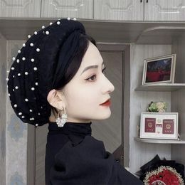 Ethnic Clothing Pearls Beading Women's Lace Turban Caps With Hair Band Female Head Wraps Headband Hat Muslim Headscarf Bonnet Turbante Mejur