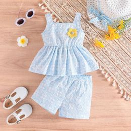 Clothing Sets 2024 Summer Child Clothes Sleeveless O Neck Floral Tops Blue Shorts 2 Piece Designer Boys 6M-3T