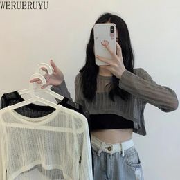 Women's T Shirts WERUERUYU Women Summer Super Short Sexy Long Sleeve See Through Tops Solid Korean Style Clothes