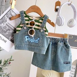 Clothing Sets Girls Pure Cotton Denim Set 2024 Summer Baby Striped Vest Fashion Letter Suspender Elastic Waist Skirt 3PS 2-7Y Trend