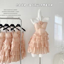 Casual Dresses Fashion Sweet 3D Roses Multilayers Ruffles Dress Hanging Neck Pleated Lotus Irregular Backless Wrinkled Skirt Vestidos