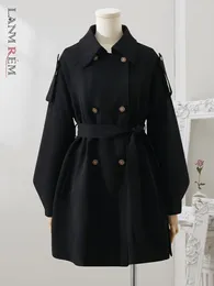 Women's Trench Coats LANMREM Black Mid Length Fashion Windbreaker Women Lapel Double Breasted Belt Gathered Waist Coat Korean Style 2024