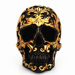 Halloween Black Skull Head Golden Carving Horror Home Table Decorative Craft Resin Skull Bone Skeletons