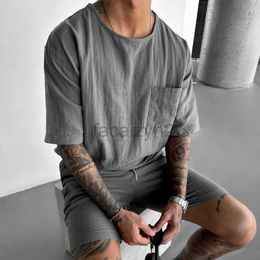 Men's Tracksuits streetwear 2024 Summer Casual Round Neck Pocket Design Loose Short sleeved Shirt Split Shorts Men's Two Piece Set Fashion set