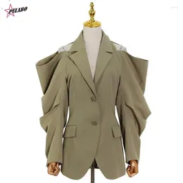 Women's Suits PULABO Solid Fold Pleated Women Coat Notched Long Sleeve Gathered Waist Cut Out Blazer Fashion Clothing Y2k