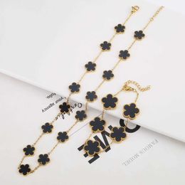 Conjuntos de jóias de casamento 2pc New Sweater Chain Plant Long Plant Five Folle Flower Bracelet Collace Desen Conchone de aço inoxidável de aço inoxidável trevo H240504