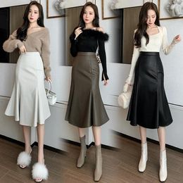 Skirts Fashion Sexy Womens Medium-long Split Hem OL PU Leather Skirt Woman Lady Casual Female Girls Black Vy3907