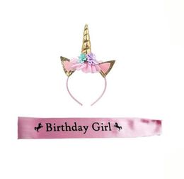 Unicorn Birthday Girl Set Shiny Gold Glitter Unicorn Headband and Birthday Girl Sash Perfect Unicorn Theme Birthday Party Favors G3164554