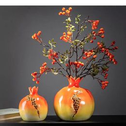 Vases Chinese Style Ceramic Vase Simulation Pomegranate Fruit Golden Flower Retro Arrangement Home Decoration Accessories