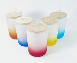 16oz NEW Sublimation Gradient Frosted Glasses tumbler With Wooden LidsPlastic Straws Straight Blank Water Bottles DIY Heat Transf8932582