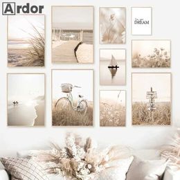llpapers Beige Landscape Canvas Beach Wall Poster Bicycle Art Print Flower Wall Picture Sketching Nordic Poster Bedroom Decoration J240505
