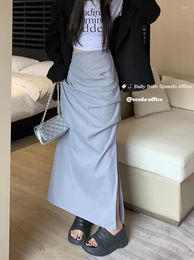 Skirts High Waist Jupe Fashion For Women Folds Split Casual Summer Black Saia 2024 Faldas Mujer De Moda Korean Long Skirt