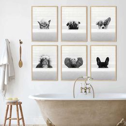 ack and white animals in the bathtub bathroom wall art canvas painting posters and printing wall pictures used for room decoration J240510