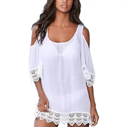 Plus Size Tulle See-through Bikini Crew Neck Tassels Off Shoulder Pullover Shirts Top Beach Wear Dress Ruffle Holiday Cover Up