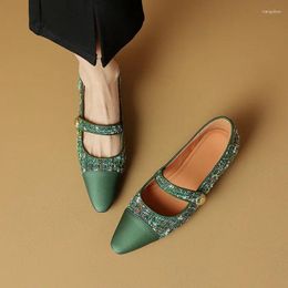 Casual Shoes 2024 Spring Summer Women Pumps Natural Leather 22-24.5cm Cowhide Plaid Fabric Square Toe Buckle Mary Jane