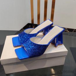 Slippers Spring Autumn Women Fashion Glitter Chunky Heels Bling Slides Square Toe Shoes Open-Toes Party Dress Sandals