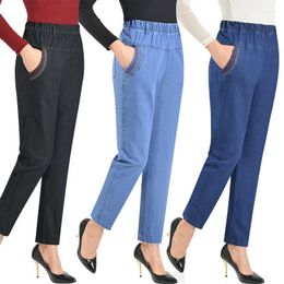 Women's Jeans Middle Aged Women 2024 Spring Autumn Casual Loose High Waist Stretch Straight Trousers Pocket Embroidery Denim Pants