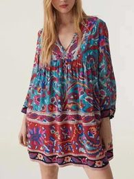 Casual Dresses 2 Colours Women V-Neck Loose Mini Dress Three-Quarter Sleeve Summer 2024 Ladies Vintage Print Short Robe Ethnic Style