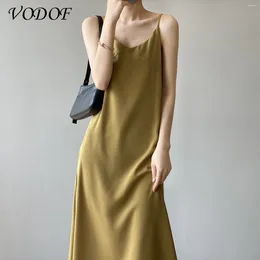 Casual Dresses VODOF Woman Dress Satin Sleeveless Spaghetti Strap Party Black Long Wedding Silk Green 2024 Summer