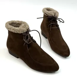 Boots Plush Wool Stunning Deer Skin Short Moccasin Shoes Lace Up High Top Sewing Brown Black Warm Winter Leisure Fashion Shoe 40