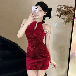 Ethnic Clothing Sexy Sleeveless Qipao Pearl Hollow Out Chinese Style Dresses Black Velvet Cheongsam Improved Cheongsams Night Party Bodycon