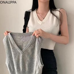 Women's T Shirts Onalippa Elastic V Neck Knitted For Women Solid All Match Sleeveless Bottoming Tank Top Korean Fashion Casual Pullover
